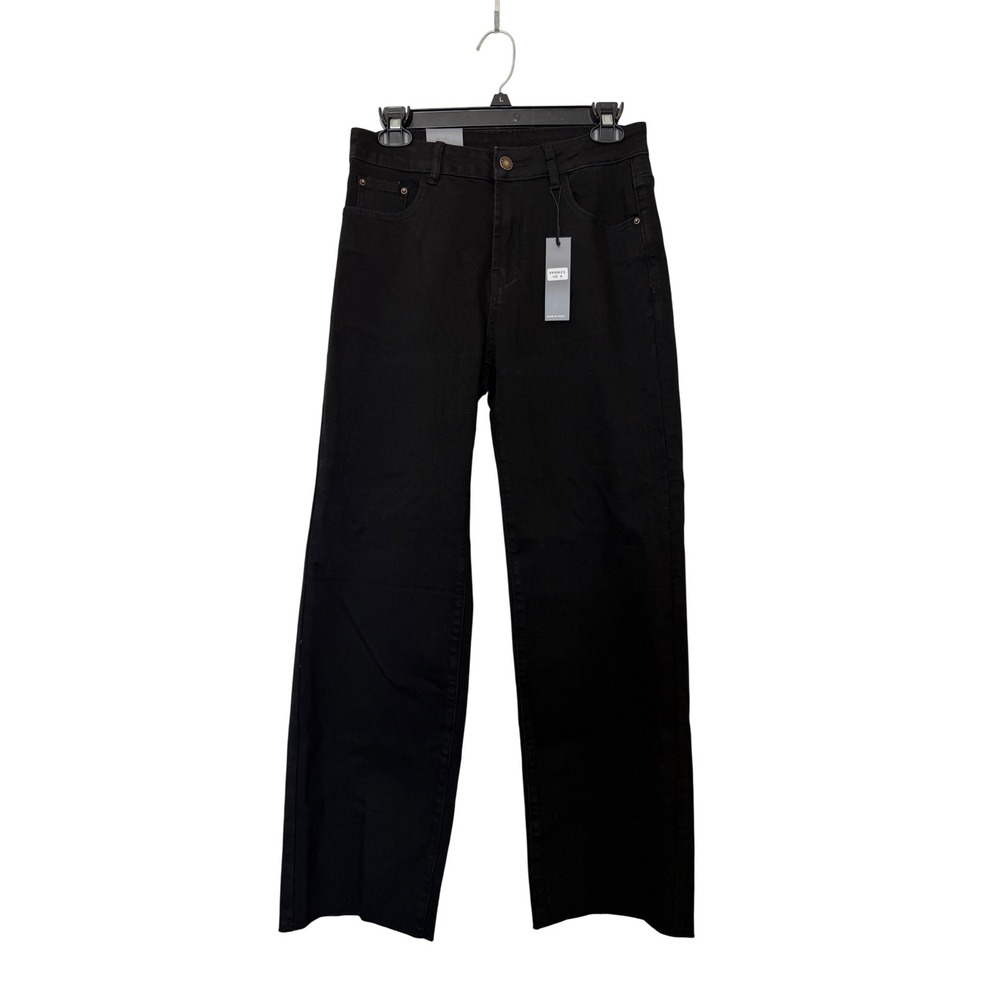 KDF Jeans Black Stretchy Denim Wide Leg Raw Hem Minimalist Cropped Fall US 6 - Picture 3 of 11